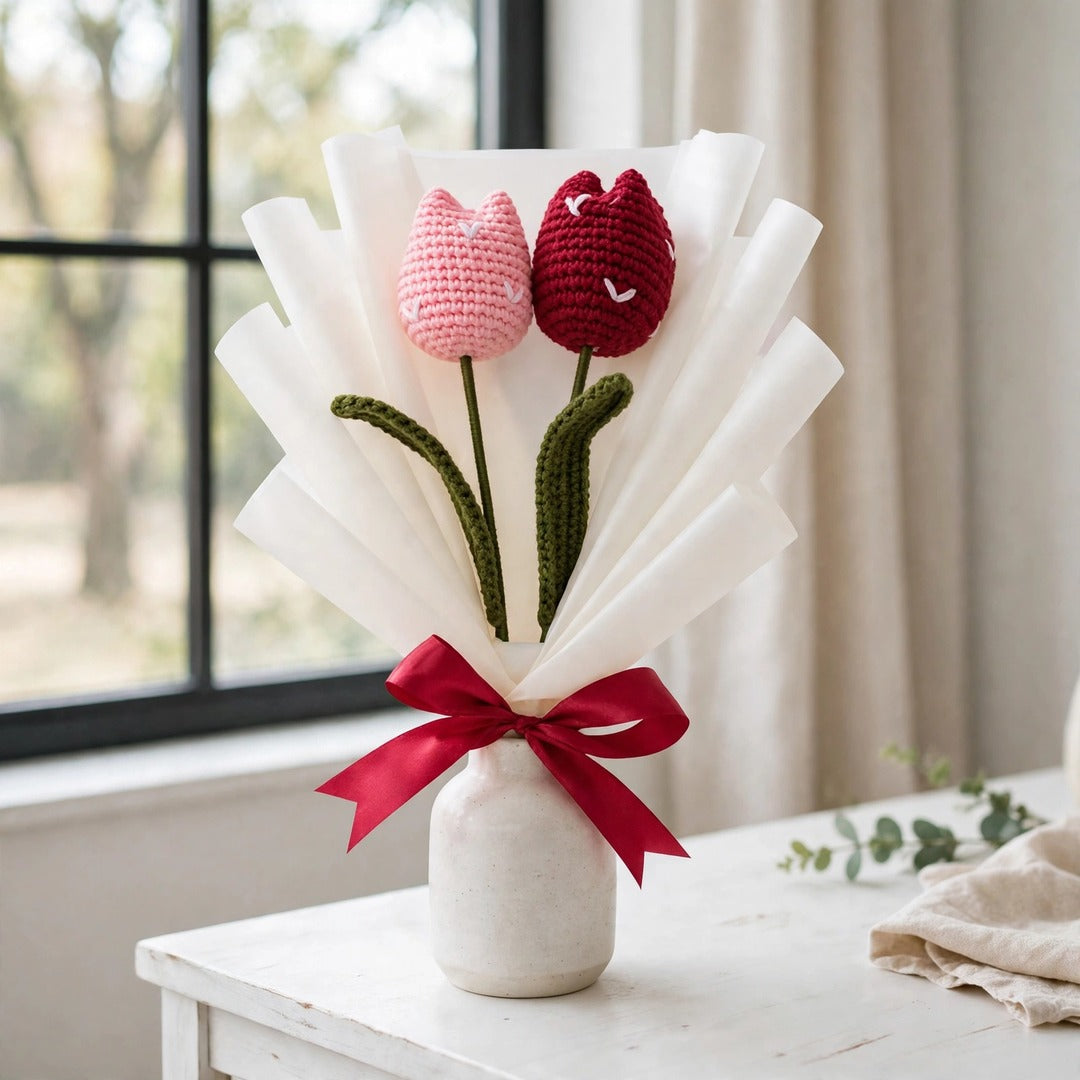 Handmade Tulip Flower Bouquet with White and Baby Pink Flowers