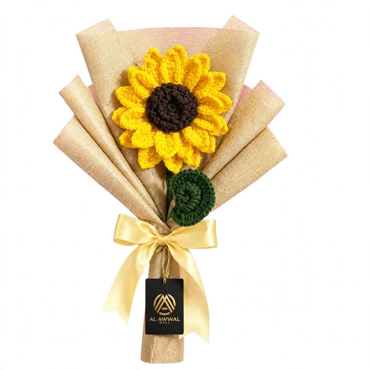 Handmade Double Petal Sunflower with Spiral Leaf, Paper Wrap and Ribbon Bow