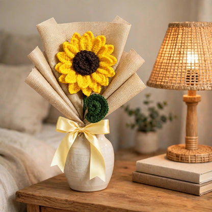 Handmade Double Petal Sunflower with Spiral Leaf, Paper Wrap and Ribbon Bow