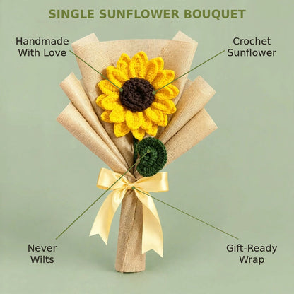 Handmade Double Petal Sunflower with Spiral Leaf, Paper Wrap and Ribbon Bow