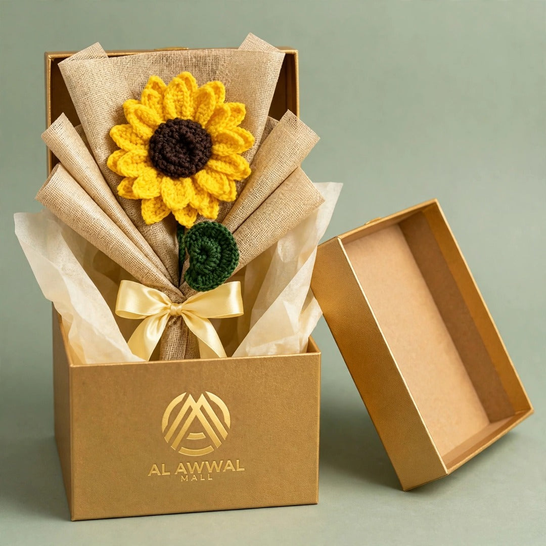 Handmade Double Petal Sunflower with Spiral Leaf, Paper Wrap and Ribbon Bow