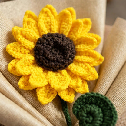 Handmade Double Petal Sunflower with Spiral Leaf, Paper Wrap and Ribbon Bow