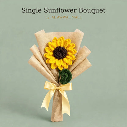 Handmade Double Petal Sunflower with Spiral Leaf, Paper Wrap and Ribbon Bow