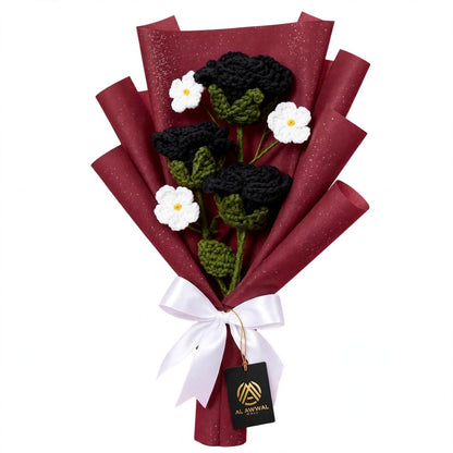 Black Rose and White Daisy Bouquet with Decorative Paper Wrap and Ribbon Bow