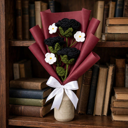 Black Rose and White Daisy Bouquet with Decorative Paper Wrap and Ribbon Bow