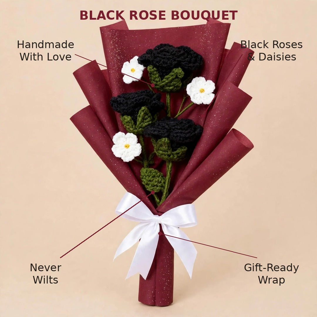 Black Rose and White Daisy Bouquet with Decorative Paper Wrap and Ribbon Bow