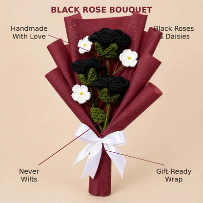 Black Rose and White Daisy Bouquet with Decorative Paper Wrap and Ribbon Bow