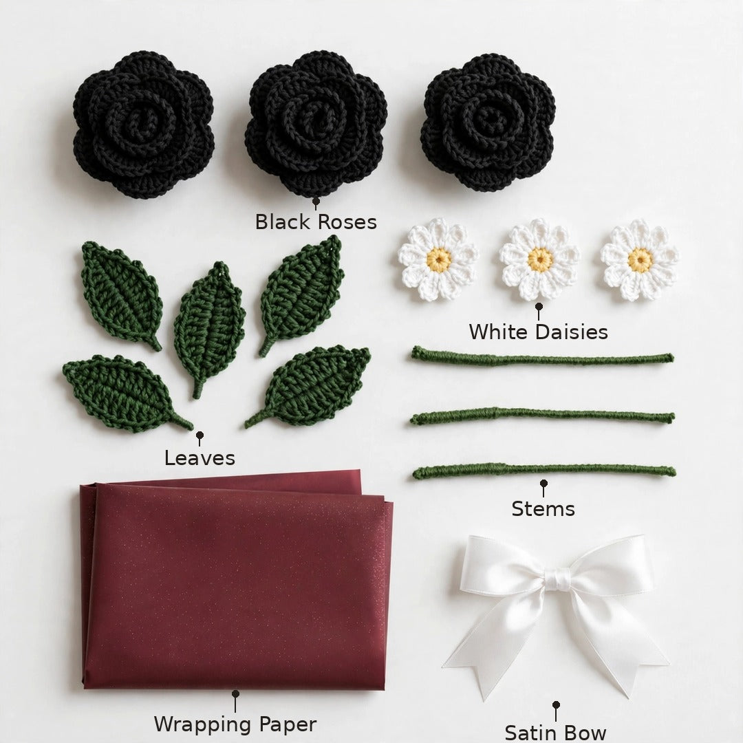 Black Rose and White Daisy Bouquet with Decorative Paper Wrap and Ribbon Bow