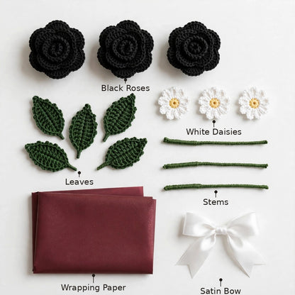 Black Rose and White Daisy Bouquet with Decorative Paper Wrap and Ribbon Bow
