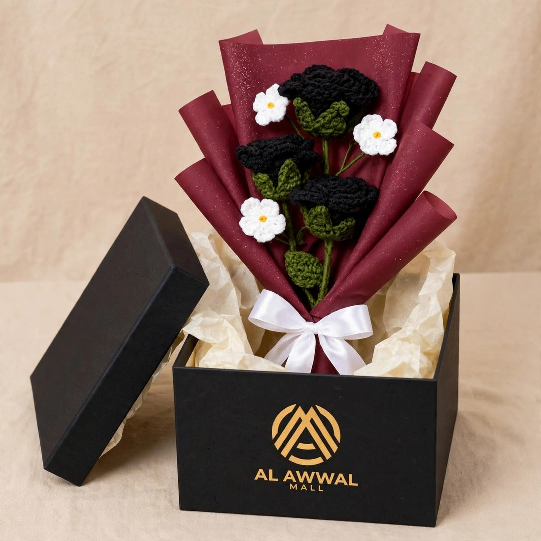 Black Rose and White Daisy Bouquet with Decorative Paper Wrap and Ribbon Bow