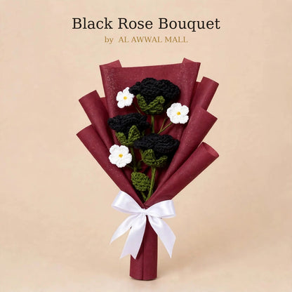 Black Rose and White Daisy Bouquet with Decorative Paper Wrap and Ribbon Bow