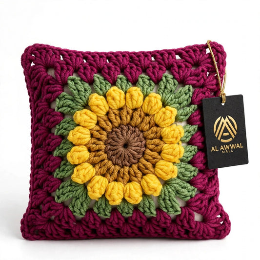 Handmade Crochet Maroon Cushion Cover with Sunflower Design
