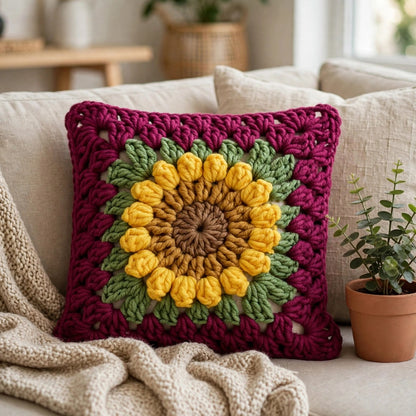 Handmade Crochet Maroon Cushion Cover with Sunflower Design