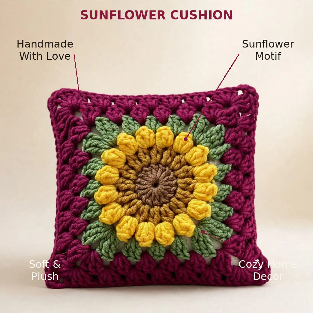 Handmade Crochet Maroon Cushion Cover with Sunflower Design
