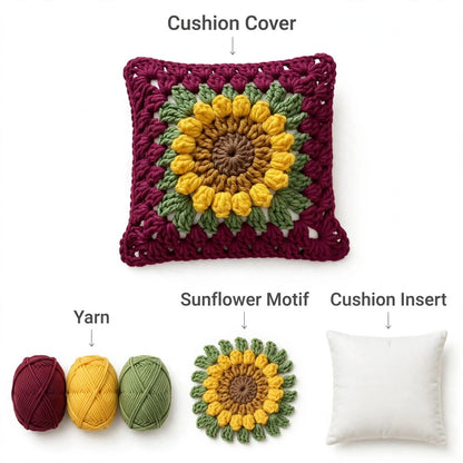 Handmade Crochet Maroon Cushion Cover with Sunflower Design