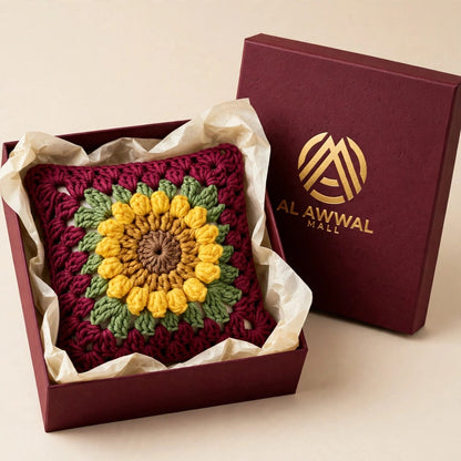 Handmade Crochet Maroon Cushion Cover with Sunflower Design
