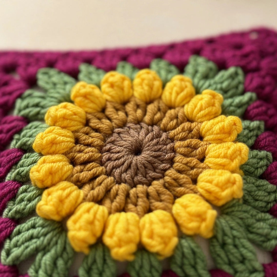Handmade Crochet Maroon Cushion Cover with Sunflower Design