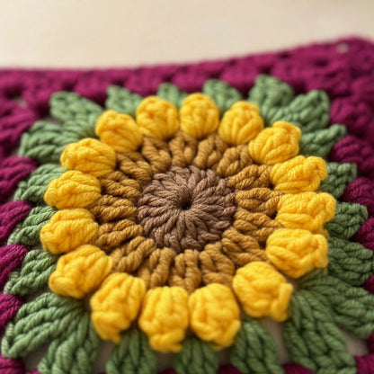 Handmade Crochet Maroon Cushion Cover with Sunflower Design