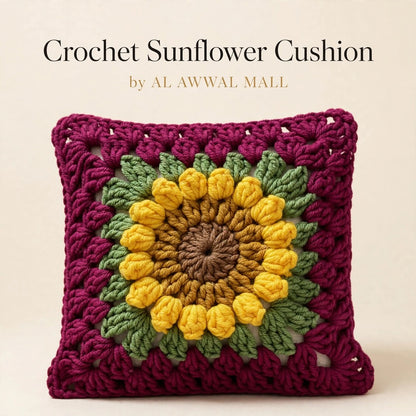 Handmade Crochet Maroon Cushion Cover with Sunflower Design
