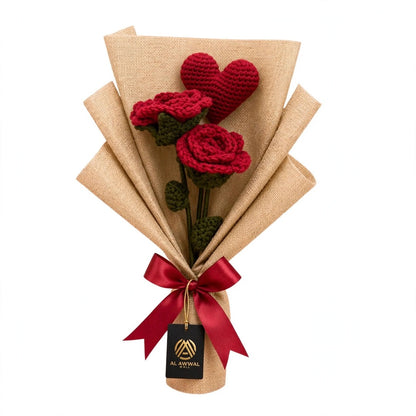 Handmade Heart Bouquet with Two Red Roses, Green Leaves and Burlap Wrap