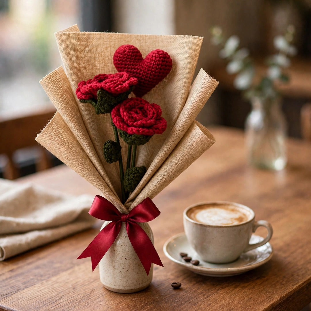 Handmade Heart Bouquet with Two Red Roses, Green Leaves and Burlap Wrap