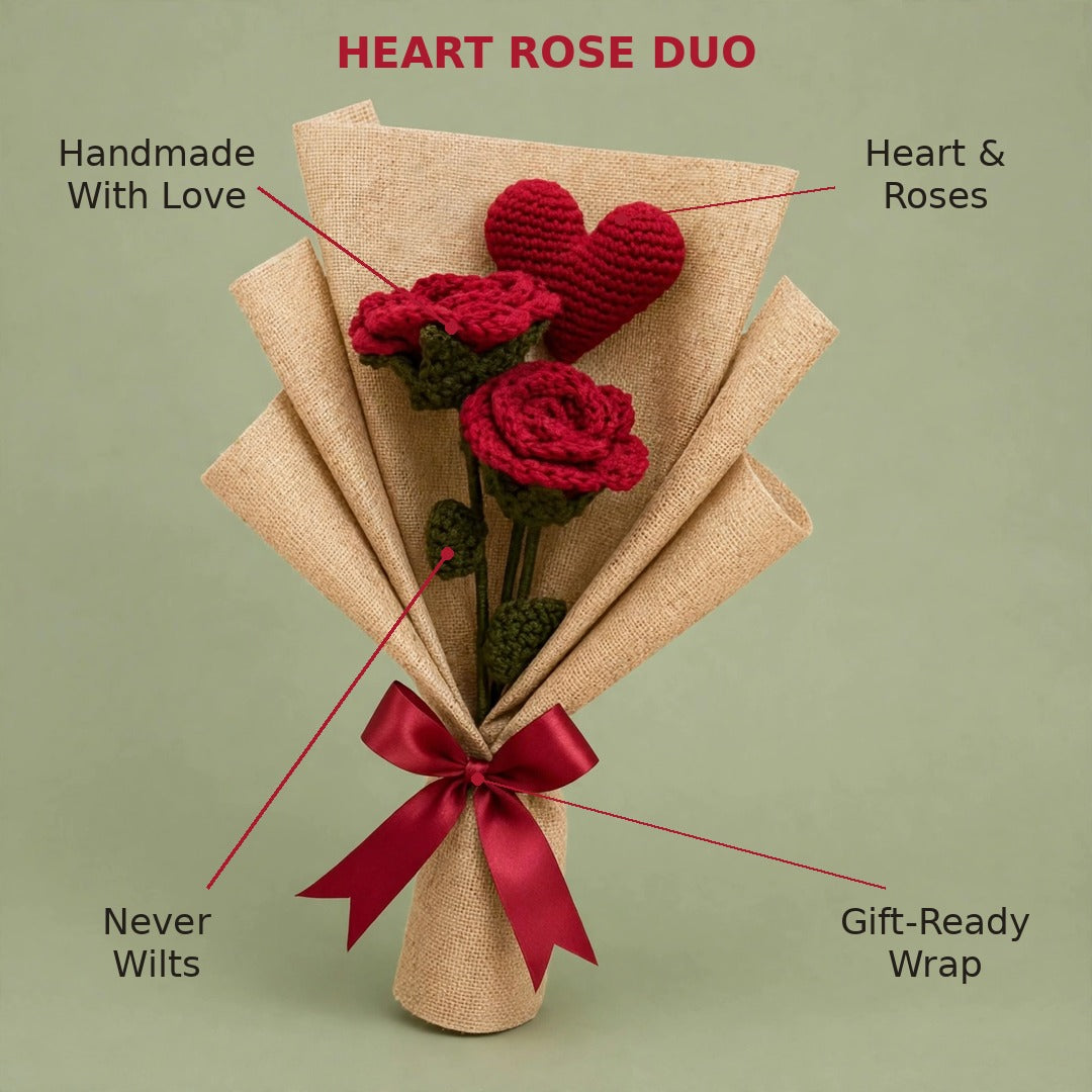 Handmade Heart Bouquet with Two Red Roses, Green Leaves and Burlap Wrap
