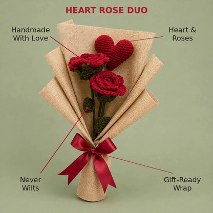 Handmade Heart Bouquet with Two Red Roses, Green Leaves and Burlap Wrap