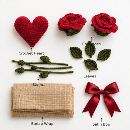 Handmade Heart Bouquet with Two Red Roses, Green Leaves and Burlap Wrap