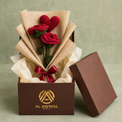 Handmade Heart Bouquet with Two Red Roses, Green Leaves and Burlap Wrap