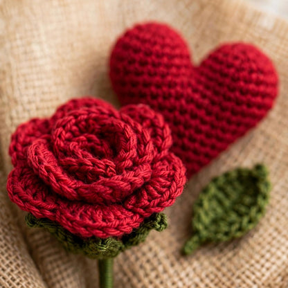Handmade Heart Bouquet with Two Red Roses, Green Leaves and Burlap Wrap