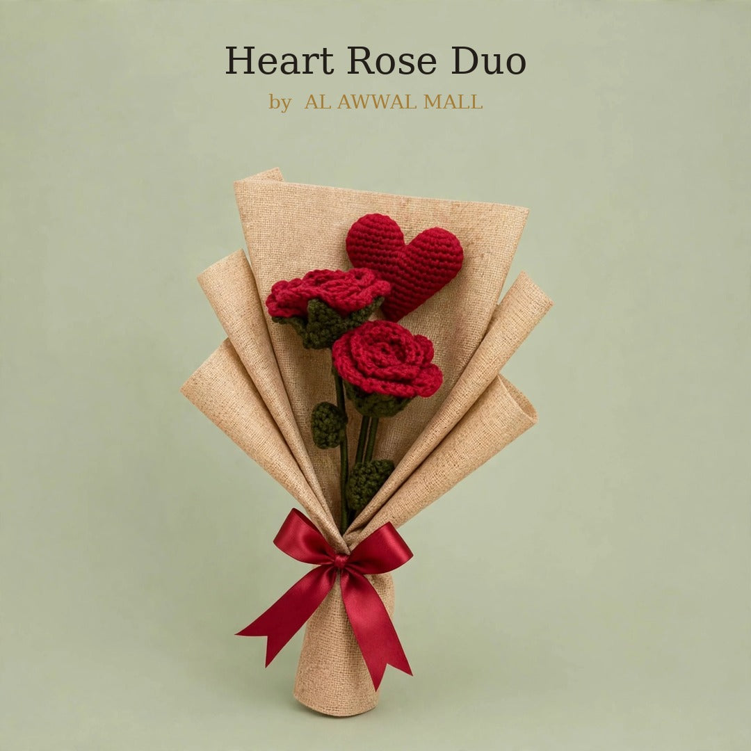 Handmade Heart Bouquet with Two Red Roses, Green Leaves and Burlap Wrap