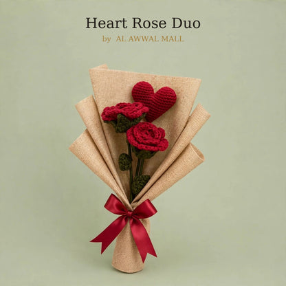 Handmade Heart Bouquet with Two Red Roses, Green Leaves and Burlap Wrap