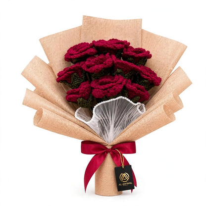 Maroon Rose Bouquet with Burlap Wrapping & Ribbon Bow