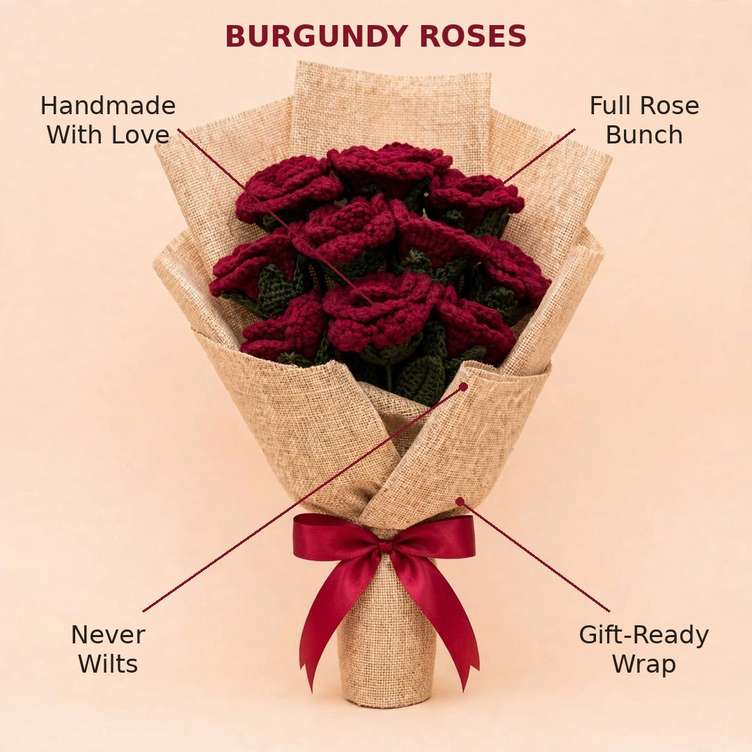 Maroon Rose Bouquet with Burlap Wrapping & Ribbon Bow