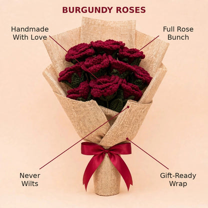 Maroon Rose Bouquet with Burlap Wrapping & Ribbon Bow