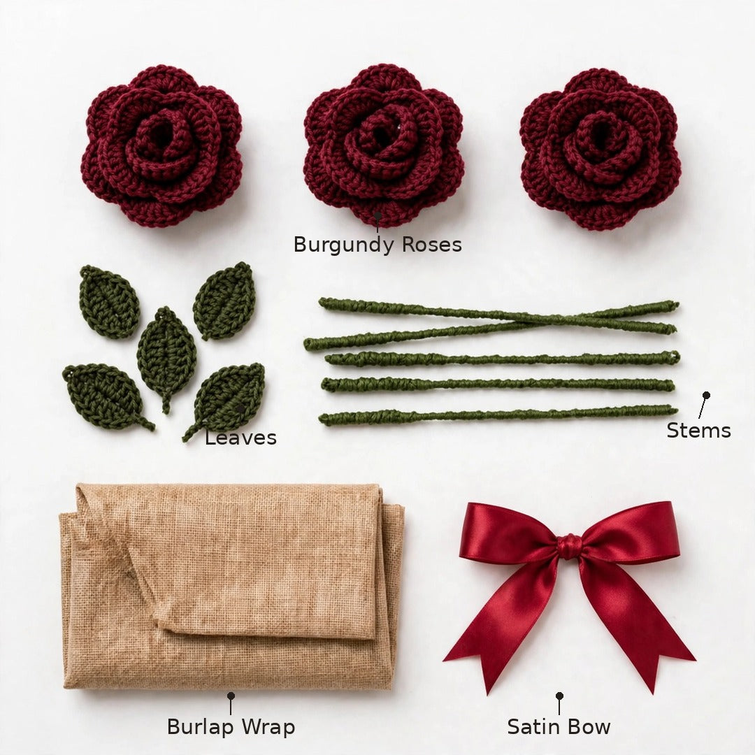 Maroon Rose Bouquet with Burlap Wrapping & Ribbon Bow