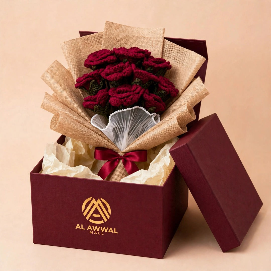 Maroon Rose Bouquet with Burlap Wrapping & Ribbon Bow