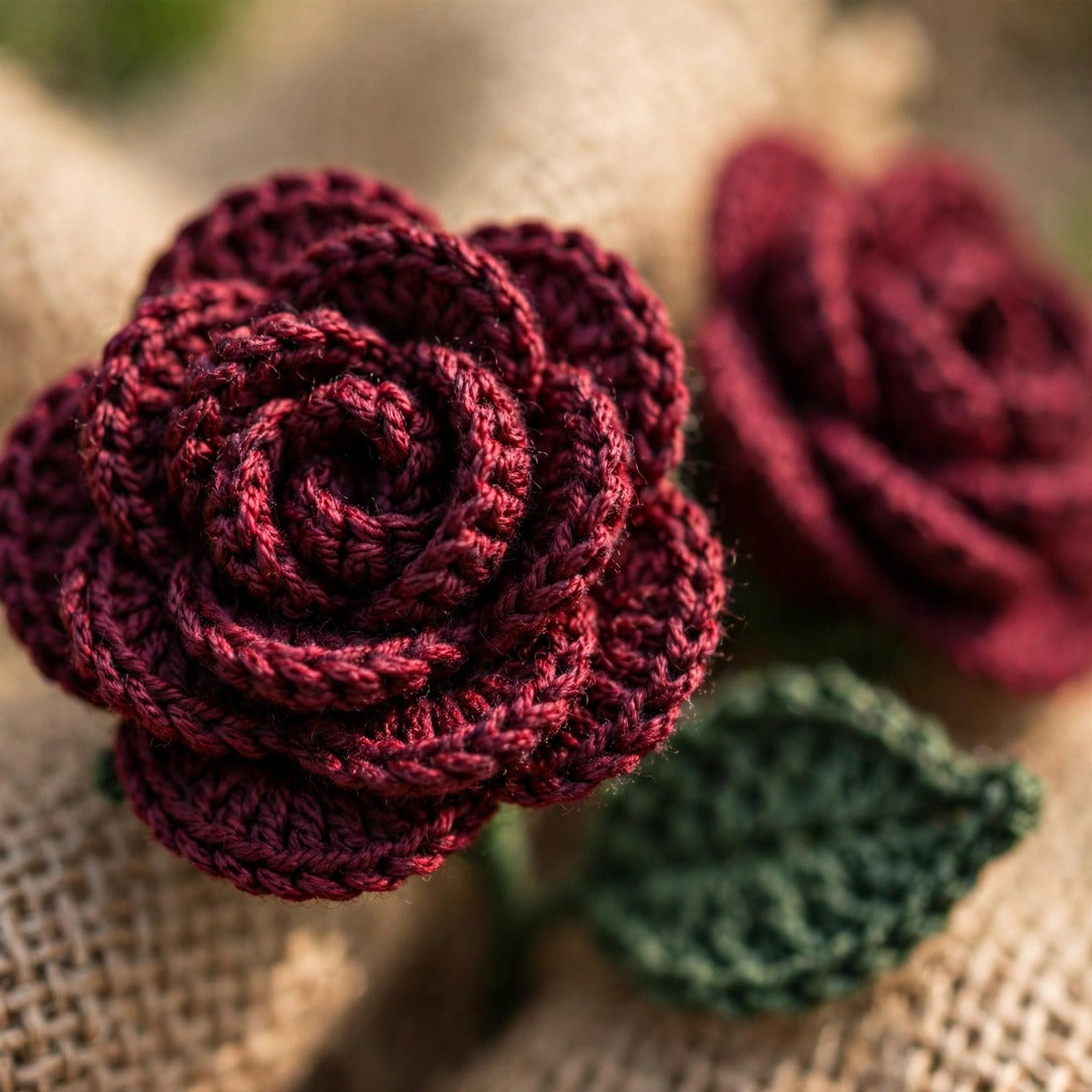 Maroon Rose Bouquet with Burlap Wrapping & Ribbon Bow