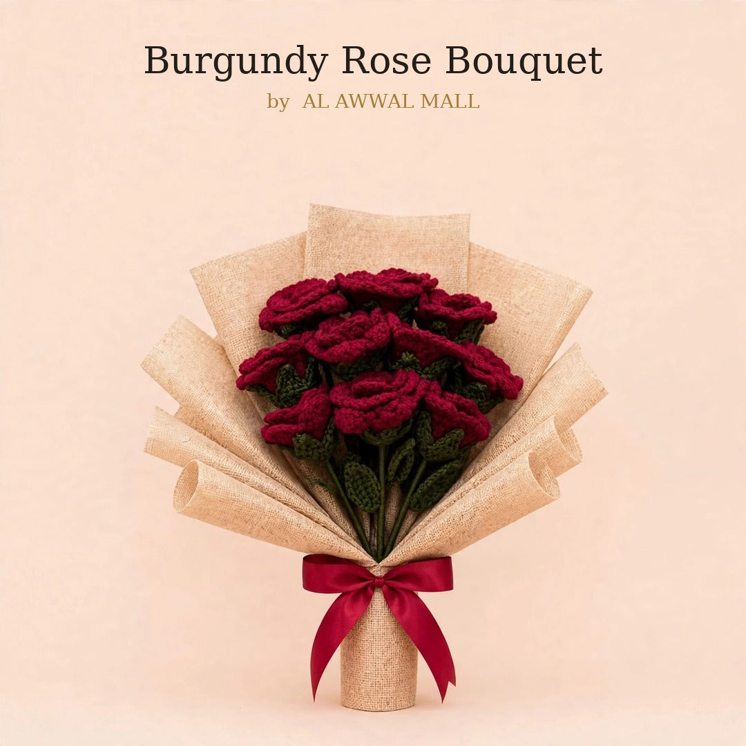 Maroon Rose Bouquet with Burlap Wrapping & Ribbon Bow