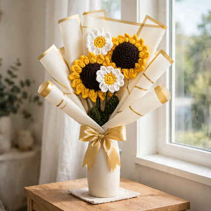 Sunflower & White Daisy Flower Bouquet with Cream Paper Wrapping