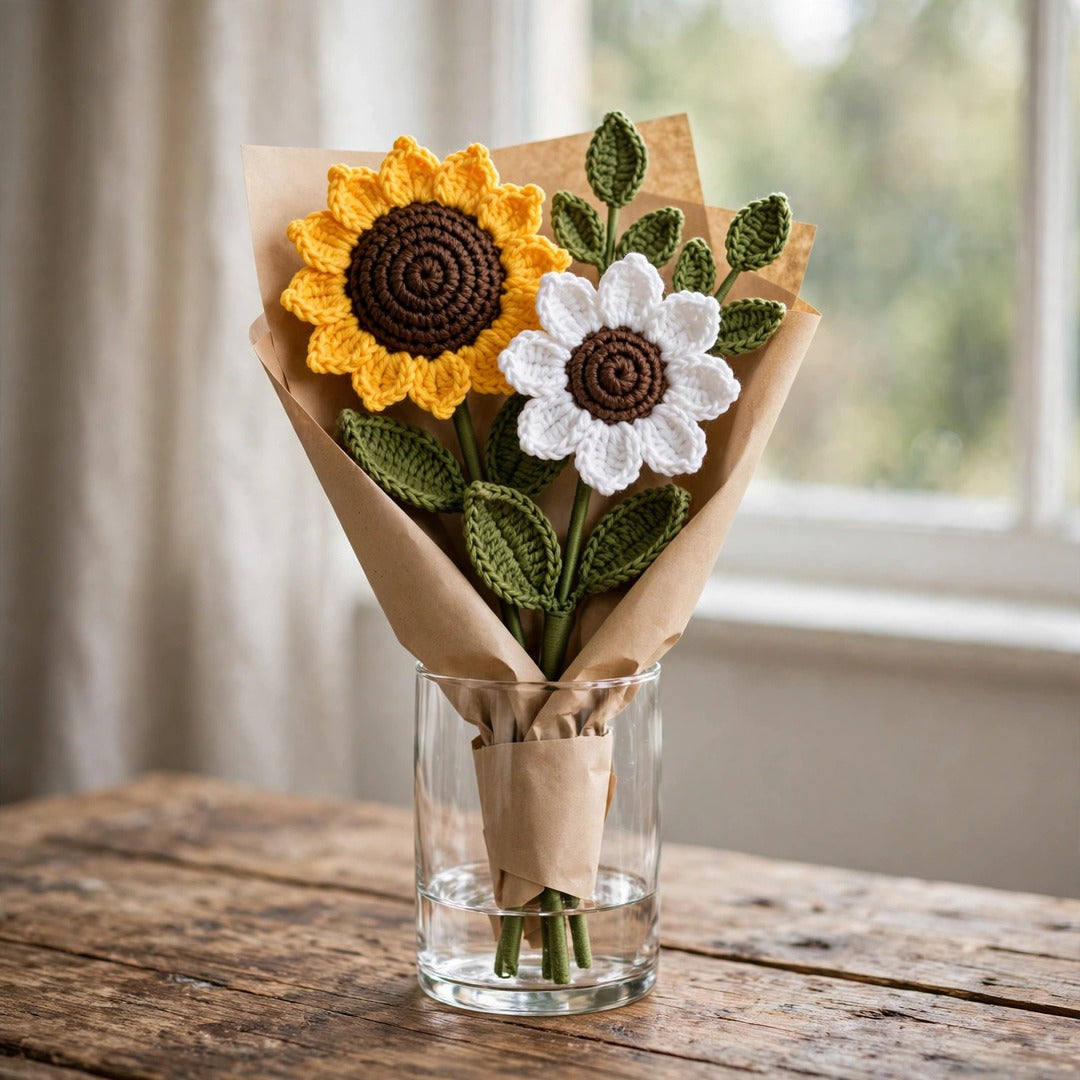 Sunflower & White Daisy Bouquet with Green Leaves