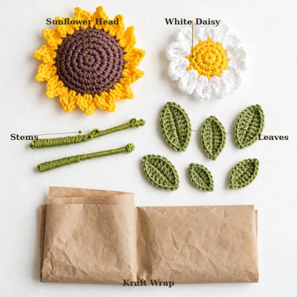 Sunflower & White Daisy Bouquet with Green Leaves