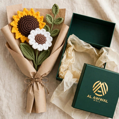 Sunflower & White Daisy Bouquet with Green Leaves
