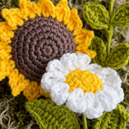 Sunflower & White Daisy Bouquet with Green Leaves