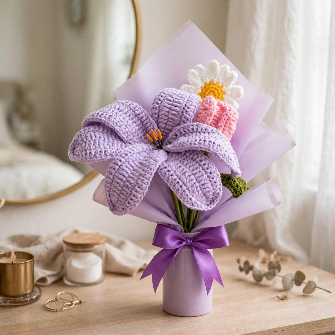 Lilac Lily & White Daisy Bouquet with Mini Flowers and Purple Wrapping