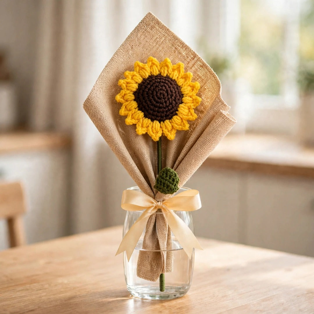 Sunflower Bouquet with Green Leaves, Burlap Wrapping & Ribbon Bow