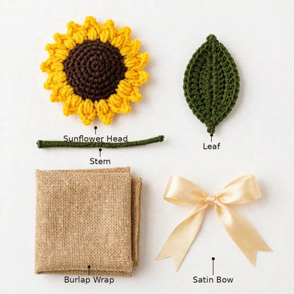 Sunflower Bouquet with Green Leaves, Burlap Wrapping & Ribbon Bow