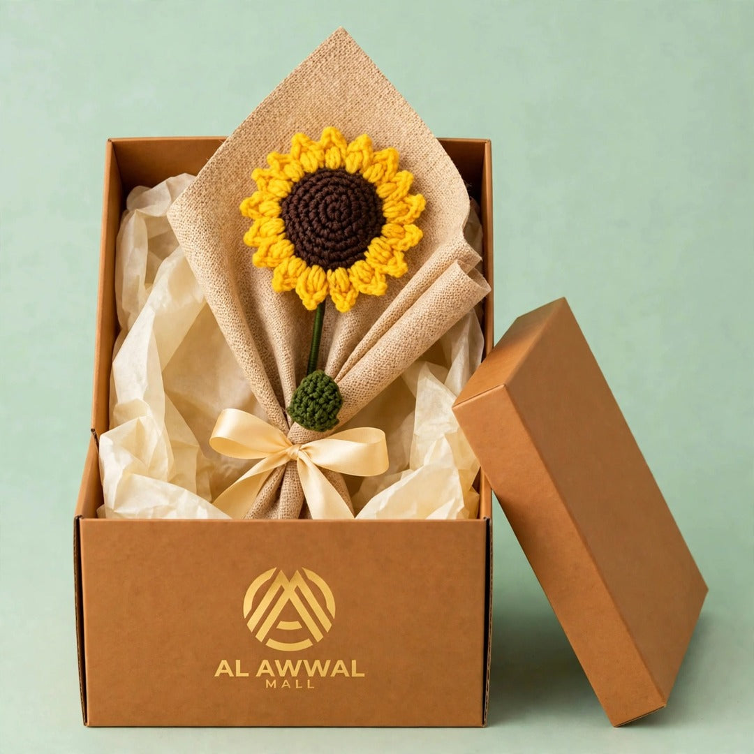 Sunflower Bouquet with Green Leaves, Burlap Wrapping & Ribbon Bow