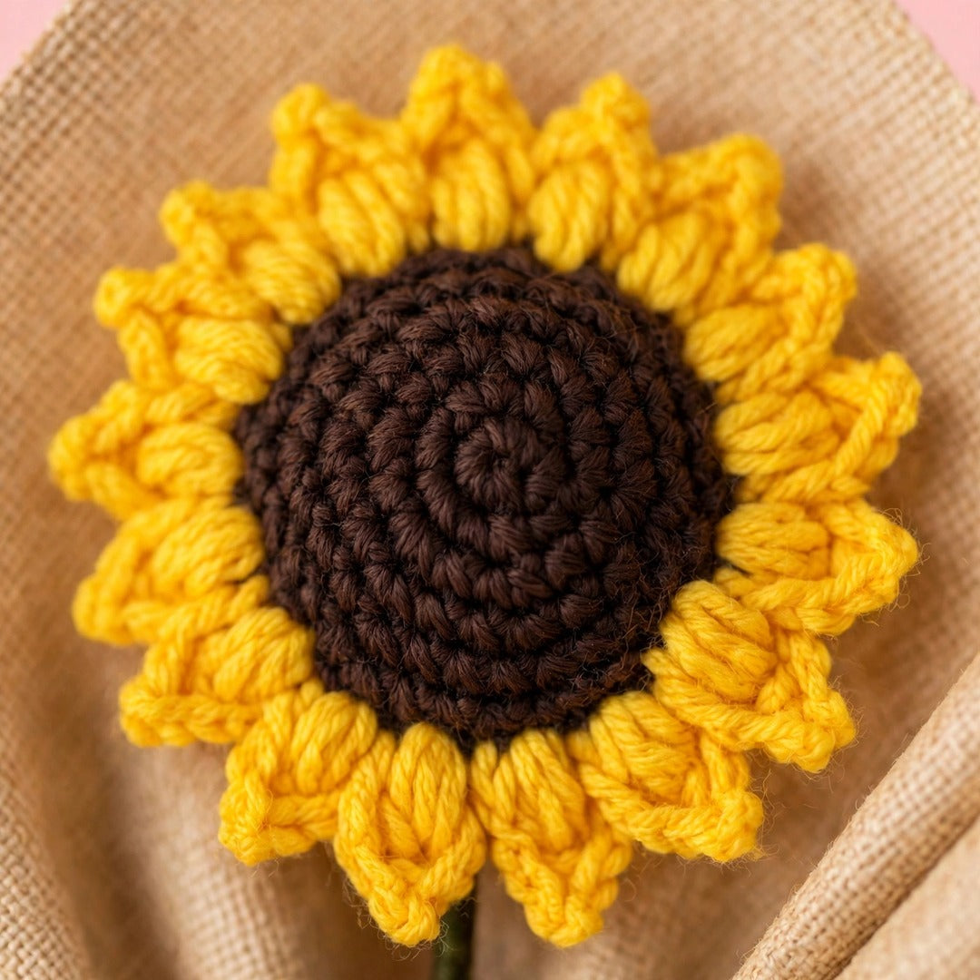 Sunflower Bouquet with Green Leaves, Burlap Wrapping & Ribbon Bow