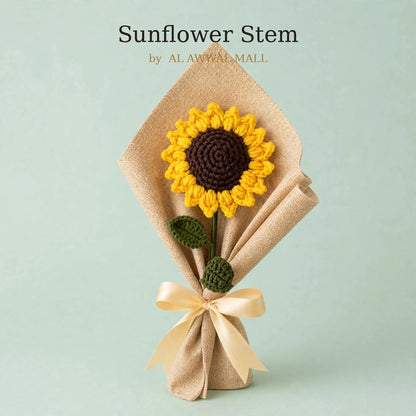 Sunflower Bouquet with Green Leaves, Burlap Wrapping & Ribbon Bow